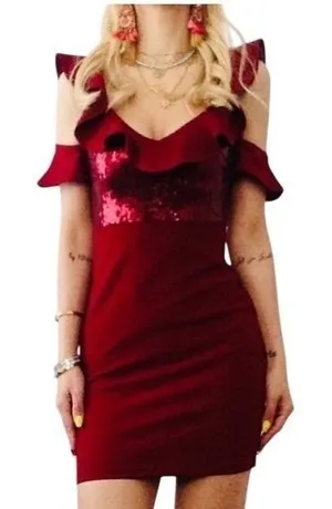 NaaNaa Burgundy Sequin Ruffle Off Shoulder Bodycon Mini Dress Size 10 thumbnail 1