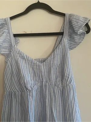 100% Cotton Blue White Striped Midi Dress XS Euro Summer Coastal Resort Beach thumbnail 3