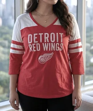 Fanatics NHL Detroit Red Wings Womens Red White V-Neck 3/4 Sleeve Graphic Top Large thumbnail 1