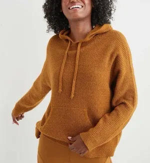 NWT Aerie Mustard Waffle Knit Hoodie Oversized Cabincore Pullover‎ Size Medium thumbnail 1