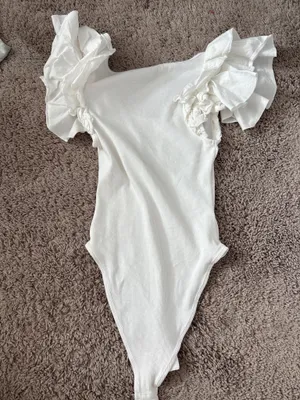 White Ruffle ZARA Bodysuit Ribbed thumbnail 3
