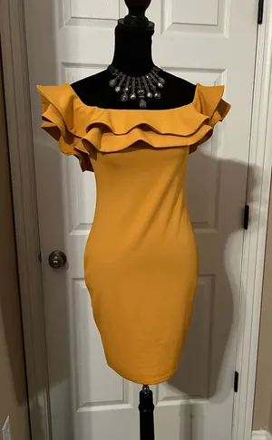 Mind Code Mustard yellow evening cocktail dress with ruffles thumbnail 1