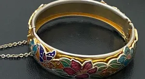 Vintage Unsigned Gold-tone Floral Flower Cloisonne Hinged Bangle Bracelet 36.2g thumbnail 5