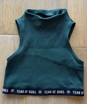 YEAR OF OURS Ribbed Mock Neck Bra - Dark Green in Malachite thumbnail 1