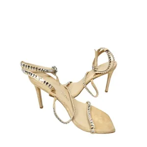 Stuart Weitzman Crystal Embellished Strappy Sandals Beige Suede Heels Size 8B thumbnail 4