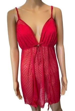 Delta Burke Plus Size Red Sheer Romantic Coquette Heart Print Lingerie Min Dress thumbnail 1