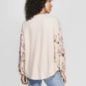 Knox Rose Womens Sz Medium Thermal Top Long Sleeve Light Pink Contrasting Floral thumbnail 2