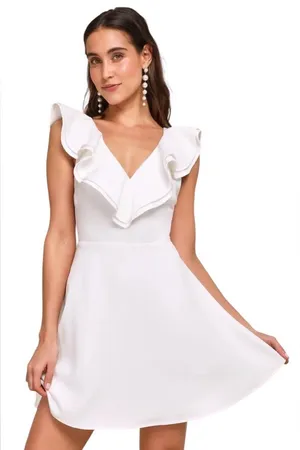 Lulus off white Divine Darling Ruffled Skater Dress Size S thumbnail 1