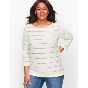 Talbots Women's Size Large 3/4 Sleeve Fringe Hem Sweater Top White Black Stripes thumbnail 2