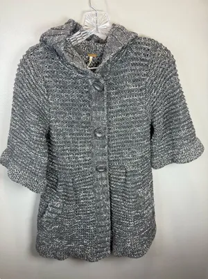 Free People Women's Chunky Knit Gray‎ Button Up Cardigan Hooded Size Medium thumbnail 1