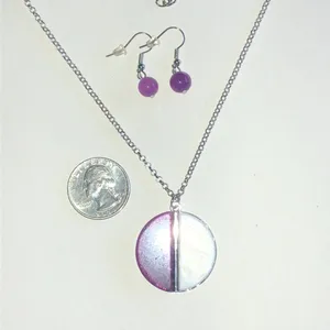 Silver Tone Purple & White Half-Moon Pendant Necklace and Earring Set thumbnail 4