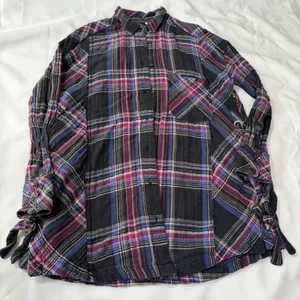 Free‎ People Cozycore Plaid Button Up Shirt Oversized Lace Up XS Grunge Boho thumbnail 6