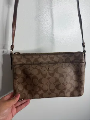 Coach‎ Signature Monogram Khaki Brown Leather Trim Crossbody Bag thumbnail 2