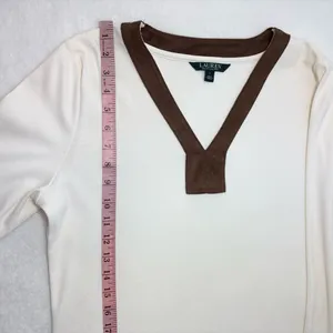 Ralph Lauren V neck Cream and Brown Cotton Long‎ Sleeve Top Size L thumbnail 9