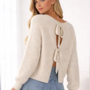 Addie Fuzzy Eyelash Knit Sweater Ivory Tie Back‎ Medium thumbnail 2