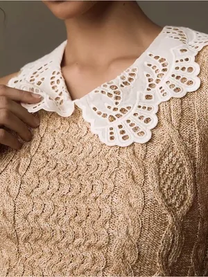 Anthropologie Lace-Trim Peter Pan Collar Tan White Knit Tank size Small thumbnail 2