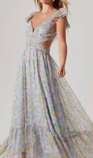 ASTR The Label Floral Cutout Maxi Dress Pink Blue Pleated Lace Up Back Small thumbnail 1