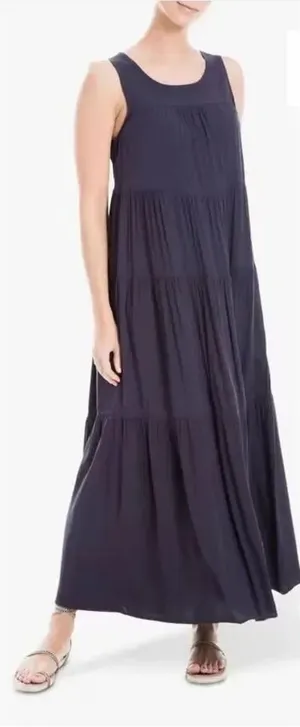 Max Studio Sleeveless Tiered Maxi Navy Pockets Bohemian Festival Dress SZ S thumbnail 1