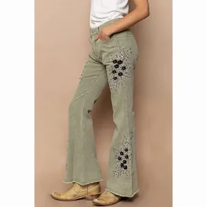 NWT‎ POL Glamour Groove Floral Embroidered Beaded Boho Green Flare Jeans thumbnail 2