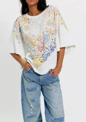 Free People We The Free Heirloom Printed Tee in Ivory XS thumbnail 1