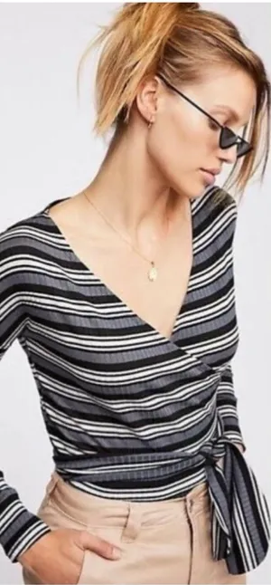 Free People Small Always‎ With Me Striped Faux Wrap Long Sleeve Tee thumbnail 1