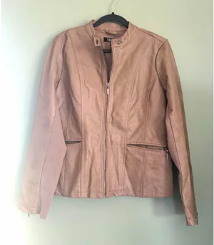 Mo-Ka Women's Faux Leather Beige Jacket Zip Front Long Sleeve Pockets Size M thumbnail 1