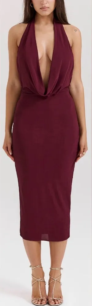New HOUSE OF CB FLORENTINA halter Merlot Draped Midi Dress sz XL L+ thumbnail 1