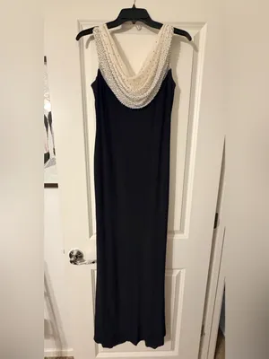 Cachet Black Maxi Dress with Cream Beaded Draped Neckline thumbnail 3