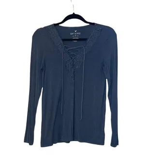 Soft & Sexy Dark Gray Crochet Lace-up Tee thumbnail 1