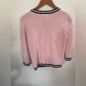 Chaps Pink Cardigan with Navy Contrast Trim thumbnail 2