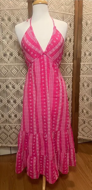 Zara Hot Pink Halter-Style Maxi Dress with White Print thumbnail 1