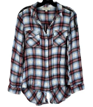 Olive & Oak Plaid Button Down Zipper Shoulder Split Tail Blouse Small thumbnail 1