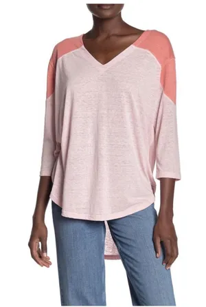 Free People We The Free Pink Combo Colorblock V Neck 3/4 Sleeve Top XS NWT thumbnail 1