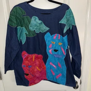 Alfredo's Wife Vintage Denim Tunic‎ Shirt Sz Small Colorful Leopards Folk Art thumbnail 1