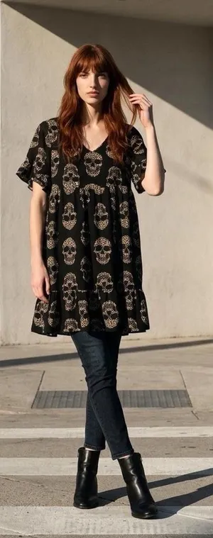 Emory Rose Black Skull-Print V-Neck Babydoll Dress/Top Sz M thumbnail 1