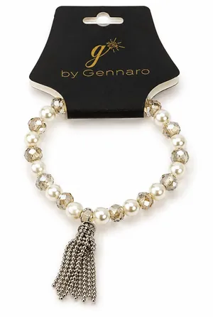 G by Gennaro Bracelet NWT Faux Pearl Crystal Beaded Silver Tassel Stretch thumbnail 1