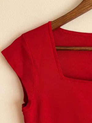 White House Black Market Silk Blend Square Neck Cap Sleeve Knit Top Red Small S thumbnail 2