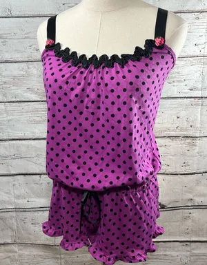 Sleep Romper Magenta w Black Polka Dots-Small thumbnail 1