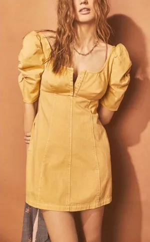 Free People | Cheyenne Denim Mini Dress Sand Dune Yellow Puff Sleeve | Sz L thumbnail 1