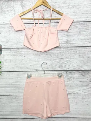Pink Pearl Two-Piece Set Embellished Off Shoulder Crop Top & Shorts Size Small thumbnail 16