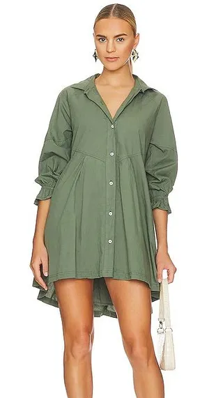 Free People Hannah Poplin Dress Large Army Green Tunic Shirt Dress Mini Buttons thumbnail 1