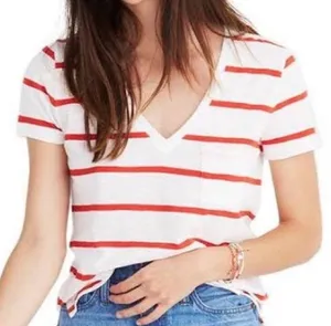 Madewell Whisper Red Striped V Neck Tee crewneck bright ivory/red size s… thumbnail 1