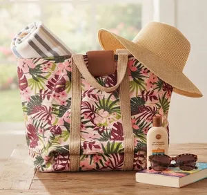 Tropical Floral Canvas Beach Tote Bag‎ Pink Green Palm Leaf NB211145 NEW thumbnail 1