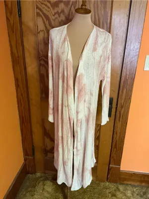 POL Long Open Front Duster Cardigan Large Pink Ivory Tie Dye Pointelle Knit Boho thumbnail 11