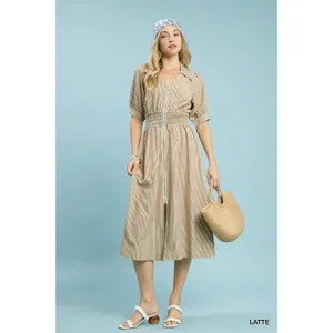 Umgee Striped Midi Dress with Front Zipper - Latte - Small thumbnail 4