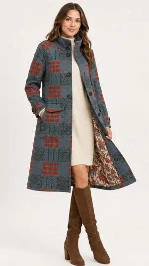 Sundance XS Wool Blend Plaid Long Coat Teal Red Boho Cottagecore Artsy Statement thumbnail 1