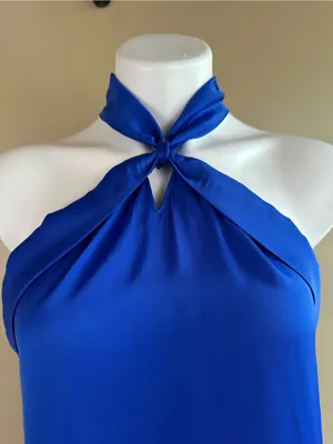 Naked Zebra Royal Blue Satin Halter Top Medium Tie Neck Keyhole Blouse Silky thumbnail 2