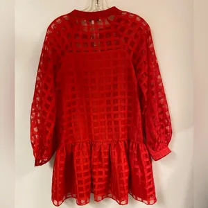 English Factory Women's Check Organza Buttoned Long Sleeves Red Mini Dress thumbnail 4