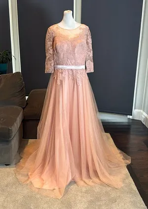 Women’s Pink Lace Appliqué Tulle Wedding Formal Prom Dress Leg Slit Size L NWOT thumbnail 1