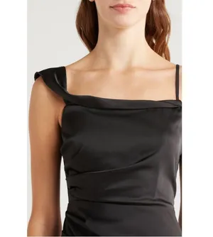 Lush Love Black Satin Asymmetrical High Slit Off-the-Shoulder Dress Size Large thumbnail 4